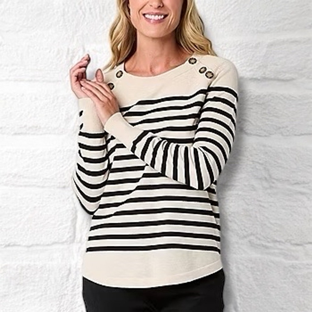 Liz Claiborne Women's 1X Striped Long Sleeved Knit Pullover Sweater Coastal